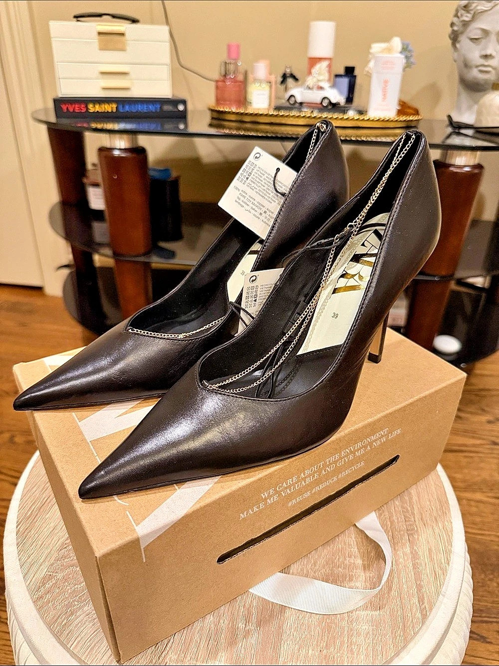 Zara Pointed-Toe Chain Detail Heels in Black NWT